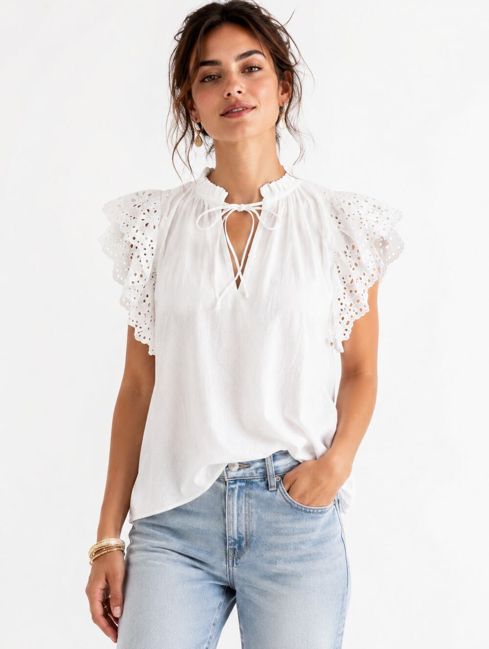 Grade & Gather Ivory Cotton Eyelet Ruffle Sleeve Peasant Blouse Medium Boho